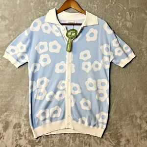 OXKNIT MEN'S 60S LIGHT BLUE KNIT POLO SHIRT – WHITE RETRO FLORAL PATTERN SIZE M